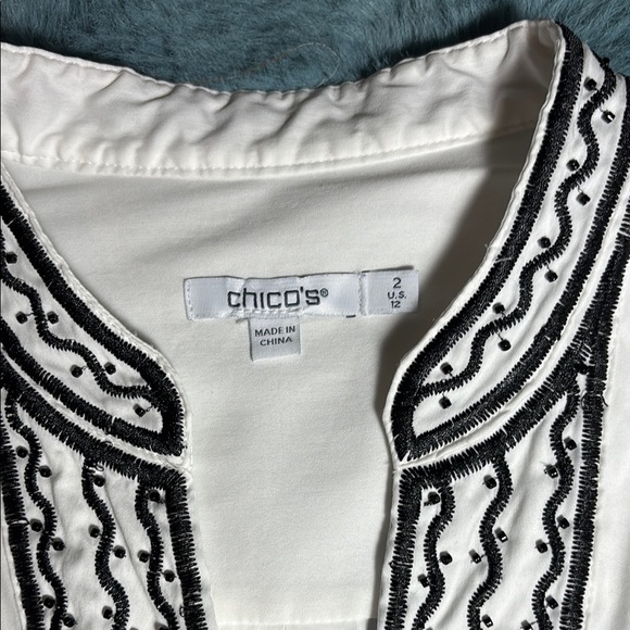 Chico’s White Blouse with Black Embroidery and Beading - Picture 2 of 5